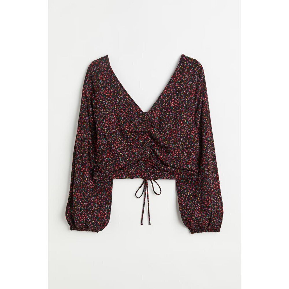 H&M Drawstring Front Crepe Blouse S Long Sleeve Crop Top